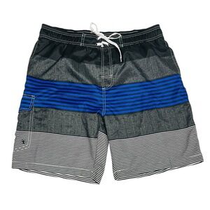 Men's Black and Blue Striped Swim Shorts